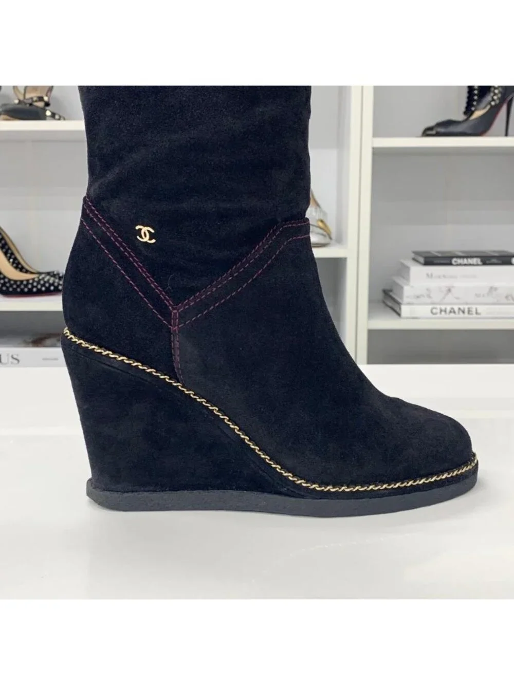 Chanel Suede CC Logo Chain Wedge Sole Long Boots Black
